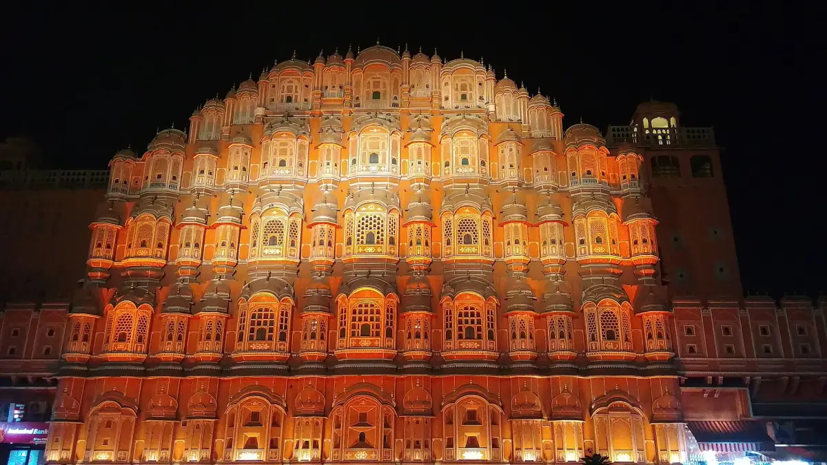 The Hawa Mahal lit up at night